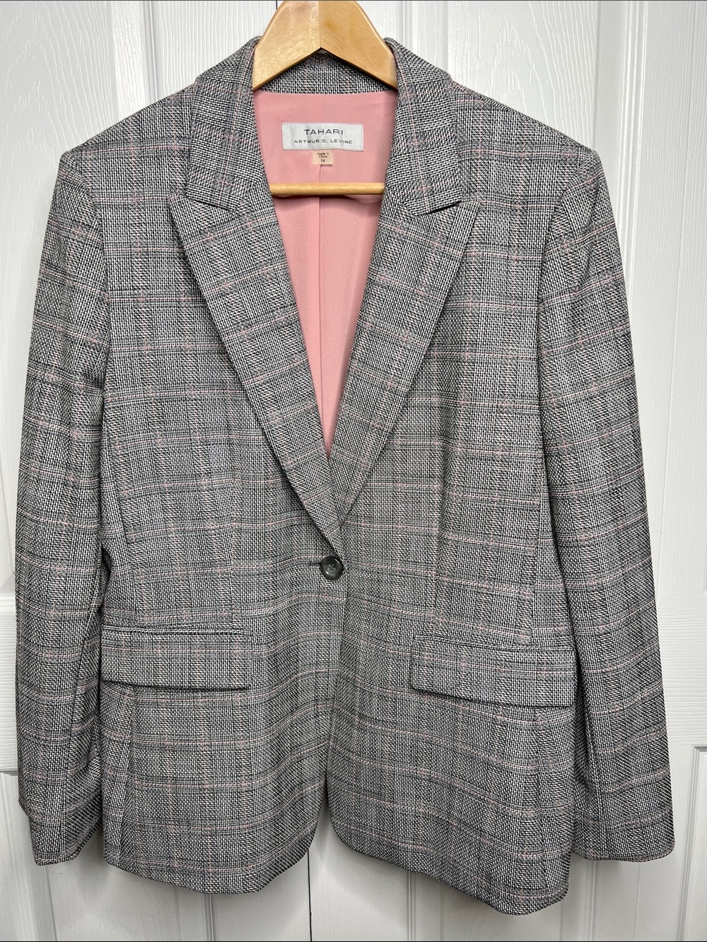 Tahari Gray Plaid Blazer with Pink Lining Trim
